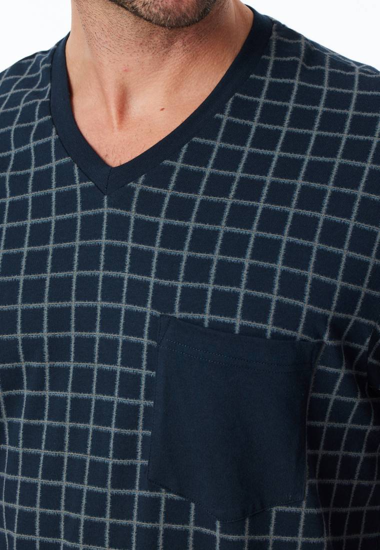 Schiesser Schlafanzug Lang Bündchen Jeansblau Kariert - Comfort Nightwear