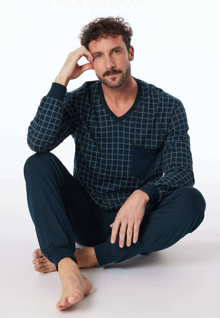 Schiesser Schlafanzug lang Bündchen jeansblau kariert - Comfort Nightwear
