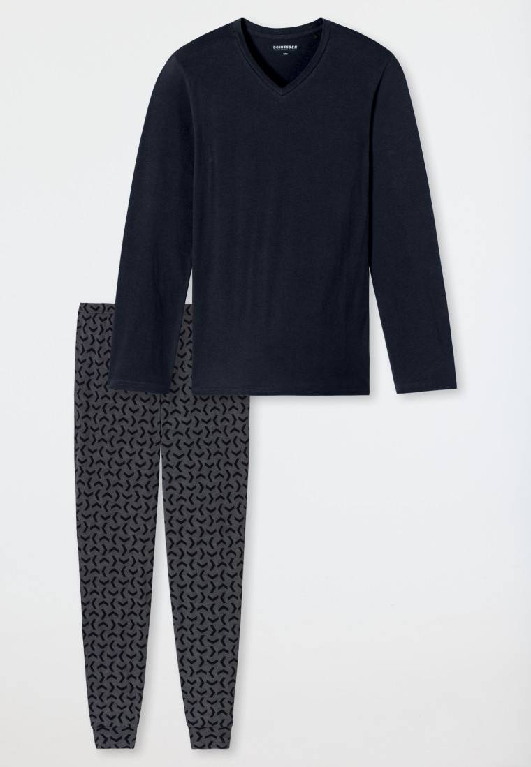 Schiesser Schlafanzug Lang Bündchen Nachtblau - Casual Essentials