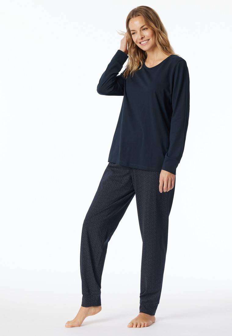 Schiesser Schlafanzug lang Bündchen nachtblau gemustert - Comfort Essentials