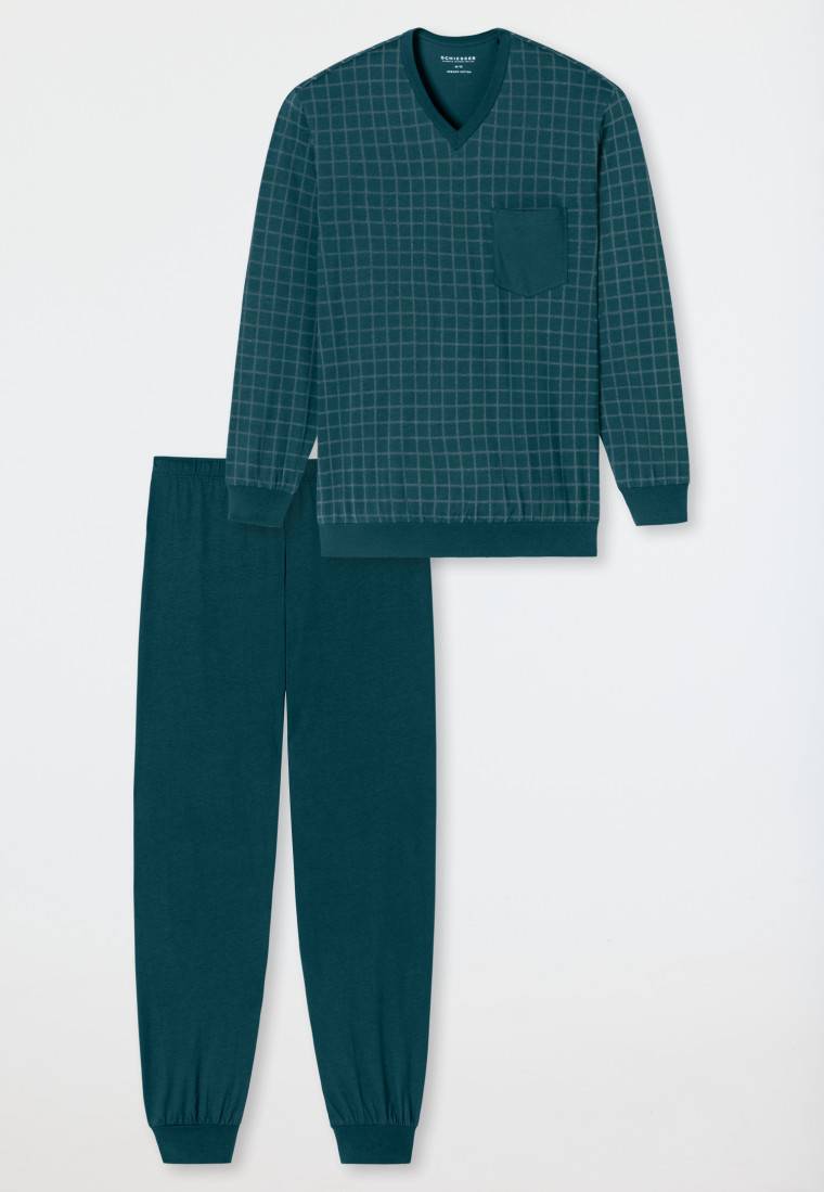 Schiesser Schlafanzug Lang Bündchen Petrol Kariert - Comfort Nightwear