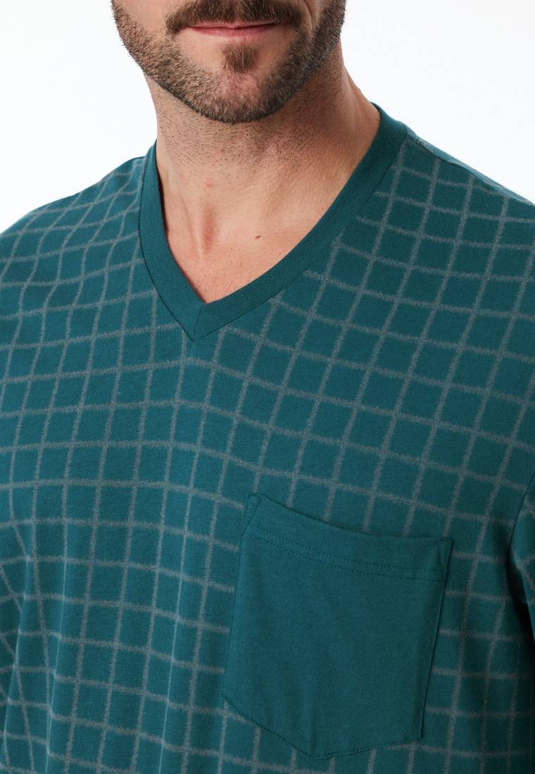 Schiesser Schlafanzug Lang Bündchen Petrol Kariert - Comfort Nightwear