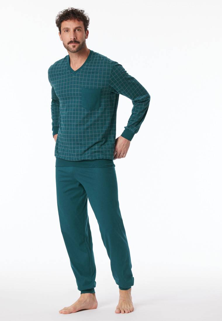 Schiesser Schlafanzug lang Bündchen petrol kariert - Comfort Nightwear