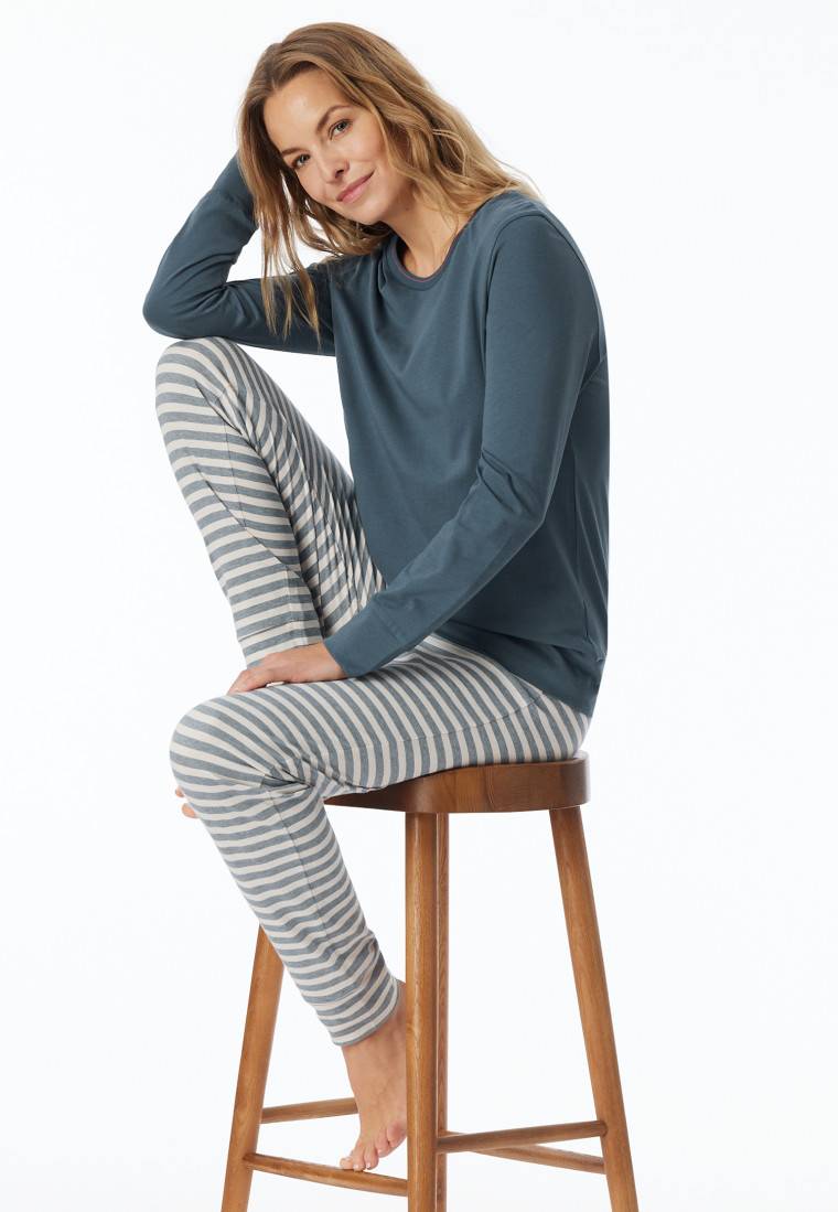 Schiesser Schlafanzug lang Bündchen Ringel jeansblau - Casual Essentials