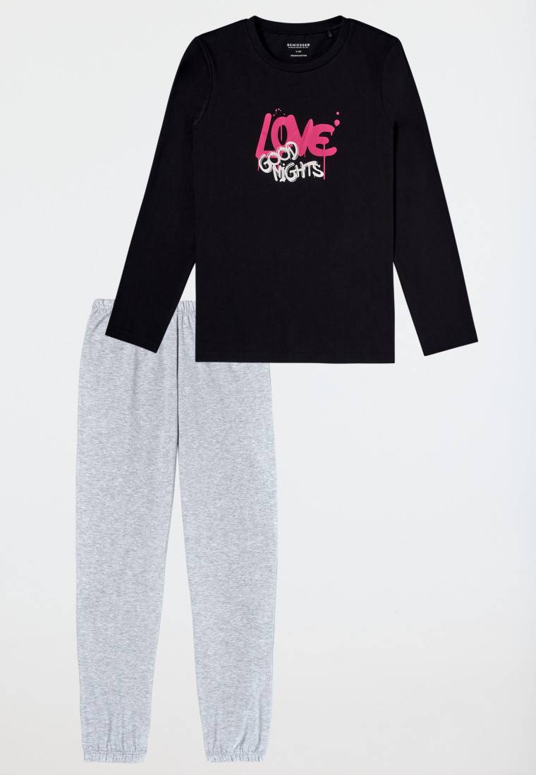 Schiesser Schlafanzug Lang Bündchen Schwarz - Nightwear