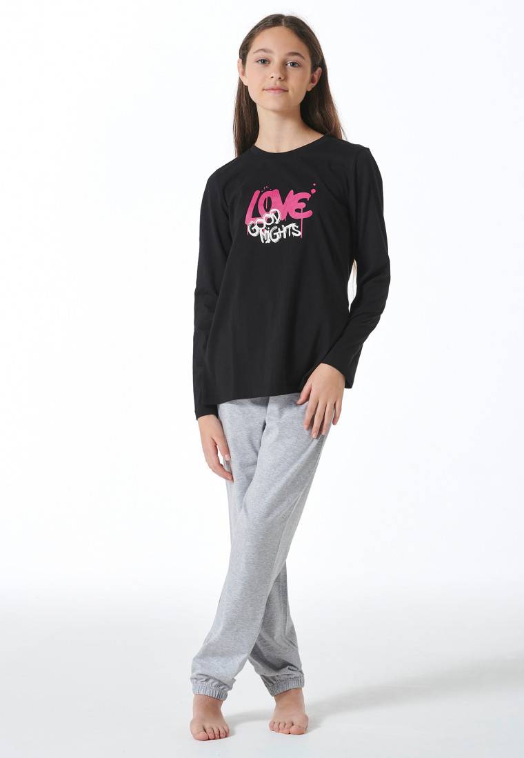 Schiesser Schlafanzug Lang Bündchen Schwarz - Nightwear