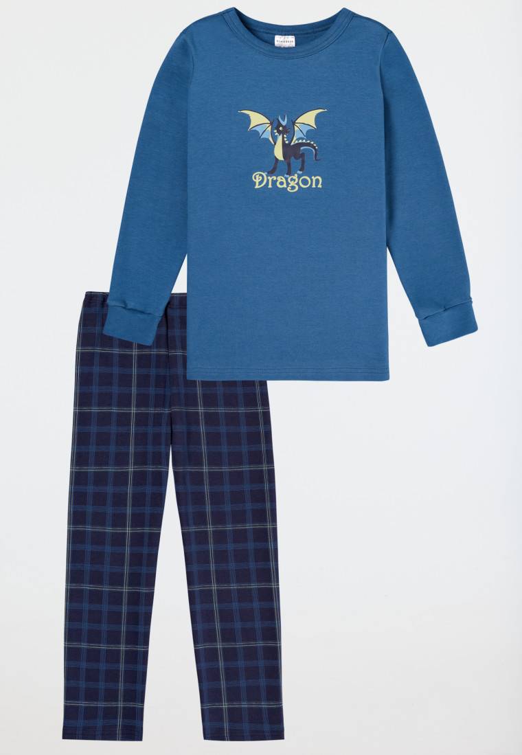 Schiesser Schlafanzug Lang Drachen Karos Blau - Boys World
