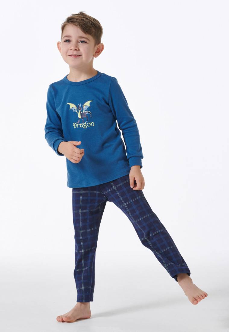 Schiesser Schlafanzug Lang Drachen Karos Blau - Boys World