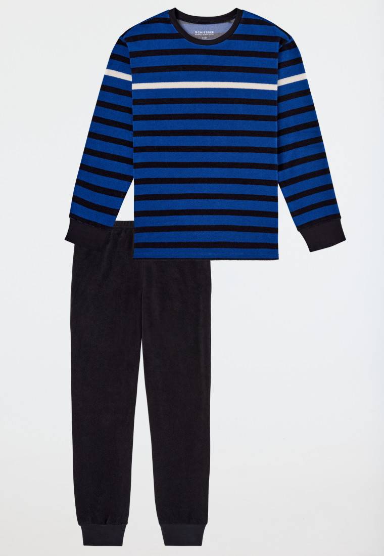 Schiesser Schlafanzug Lang Frottee Bündchen Indigo Geringelt - Nightwear
