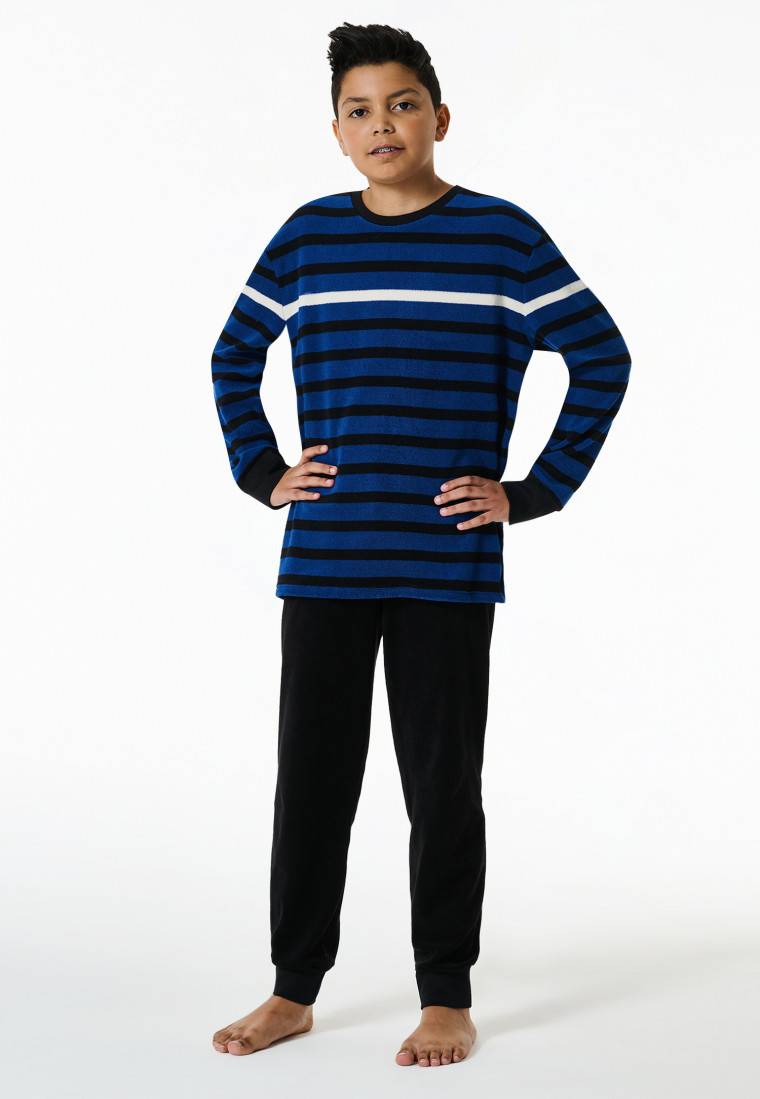Schiesser Schlafanzug Lang Frottee Bündchen Indigo Geringelt - Nightwear