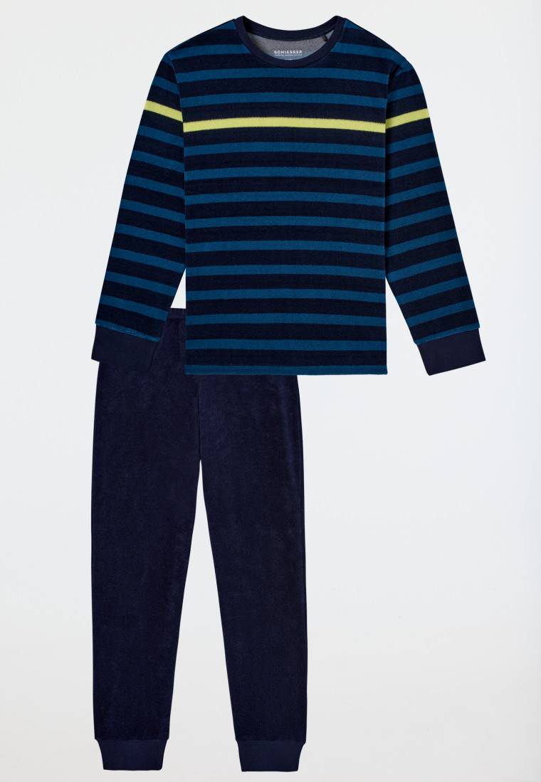 Schiesser Schlafanzug Lang Frottee Bündchen Nachtblau Geringelt - Nightwear