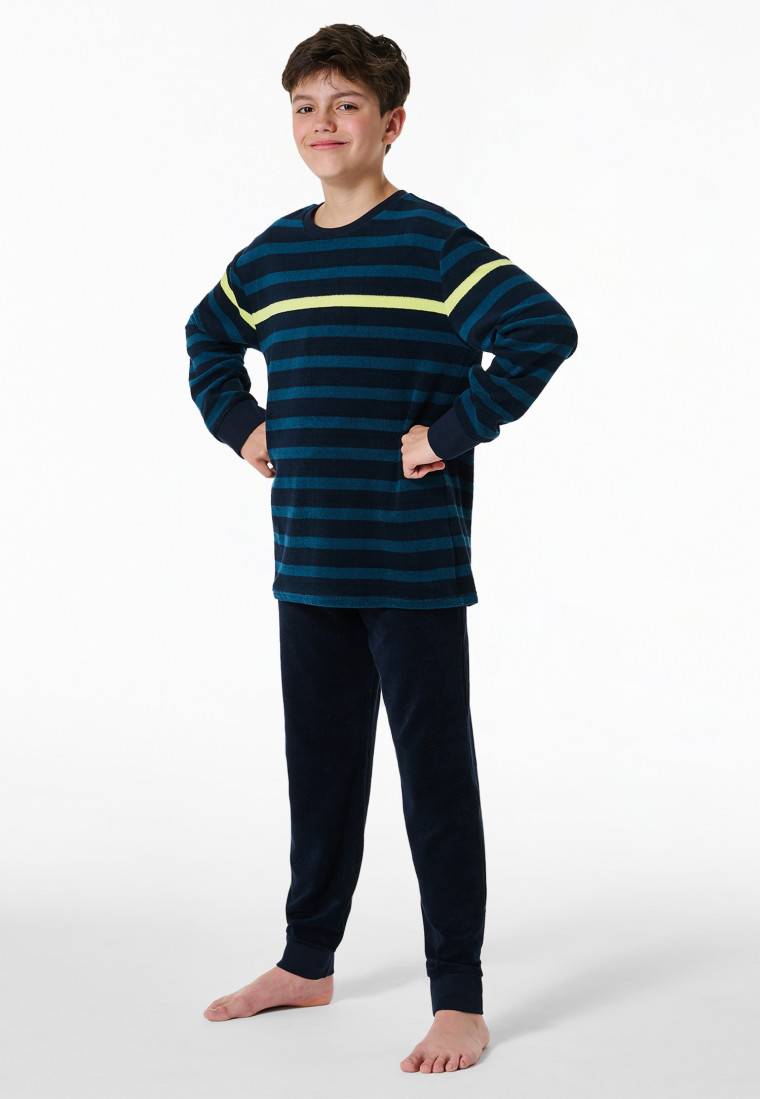 Schiesser Schlafanzug Lang Frottee Bündchen Nachtblau Geringelt - Nightwear