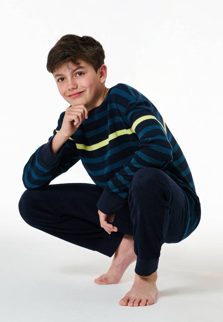 Schiesser Schlafanzug lang Frottee Bündchen nachtblau geringelt - Nightwear