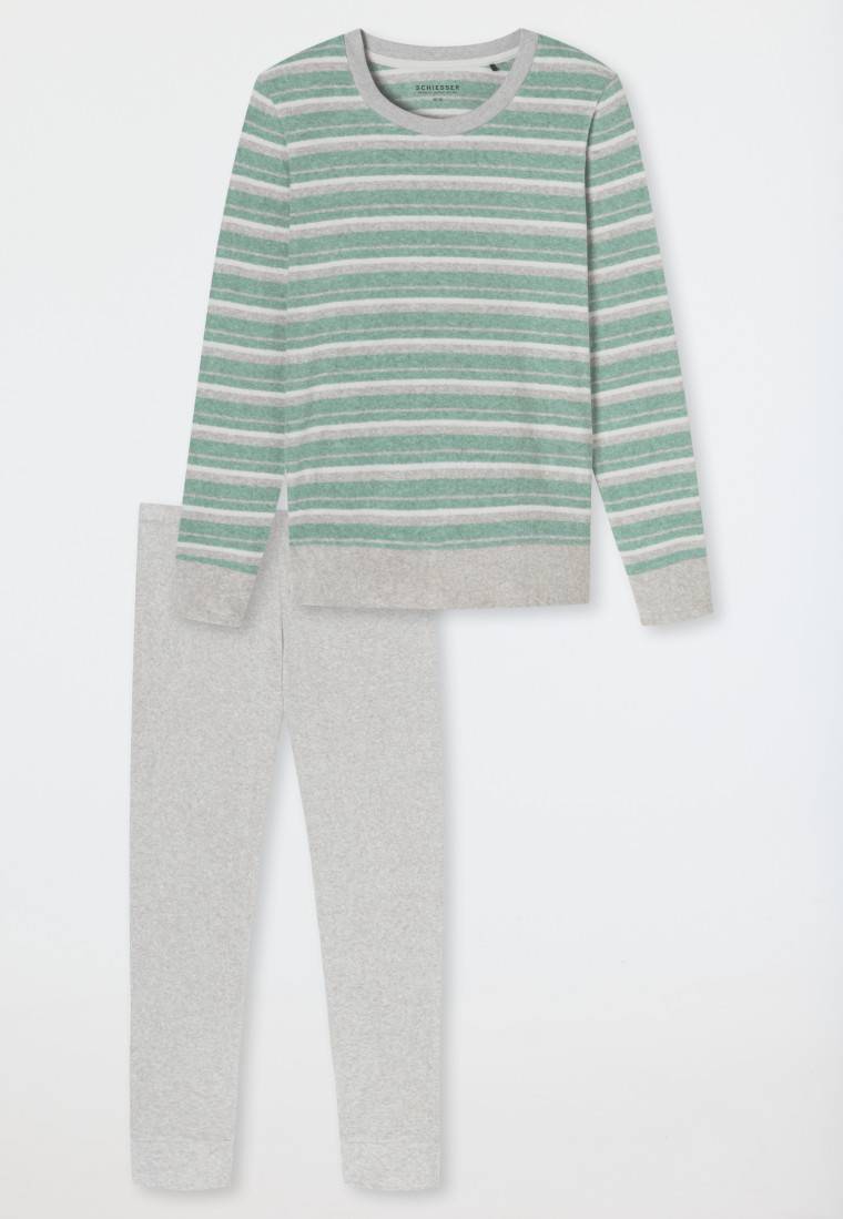Schiesser Schlafanzug Lang Frottee Bündchen Ringel Grün-meliert - Casual Essentials
