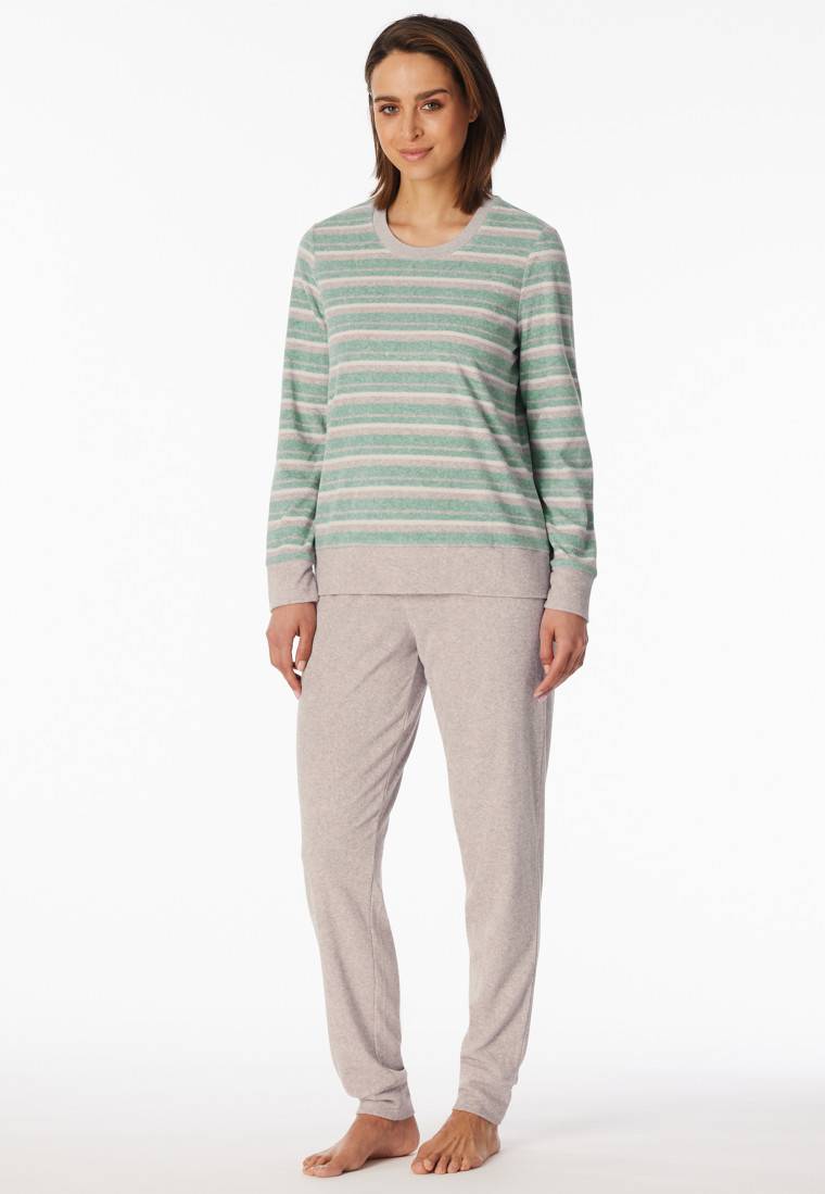 Schiesser Schlafanzug Lang Frottee Bündchen Ringel Grün-meliert - Casual Essentials