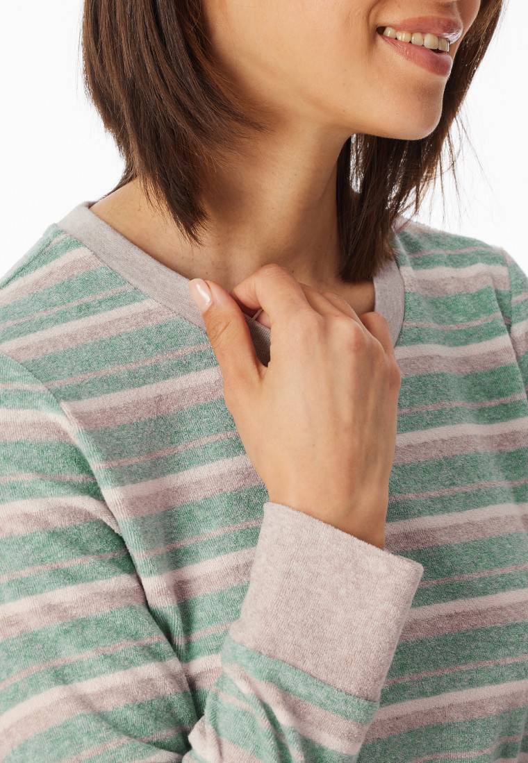 Schiesser Schlafanzug Lang Frottee Bündchen Ringel Grün-meliert - Casual Essentials