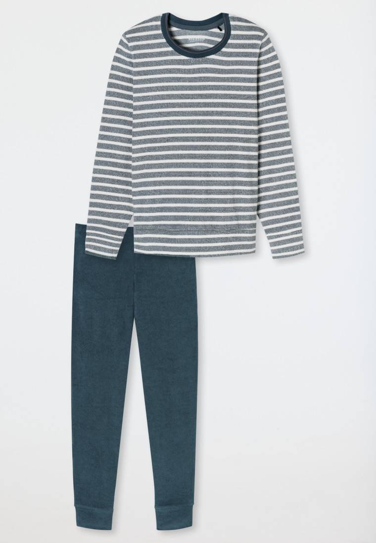 Schiesser Schlafanzug Lang Frottee Bündchen Ringel Jeansblau - Casual Essentials