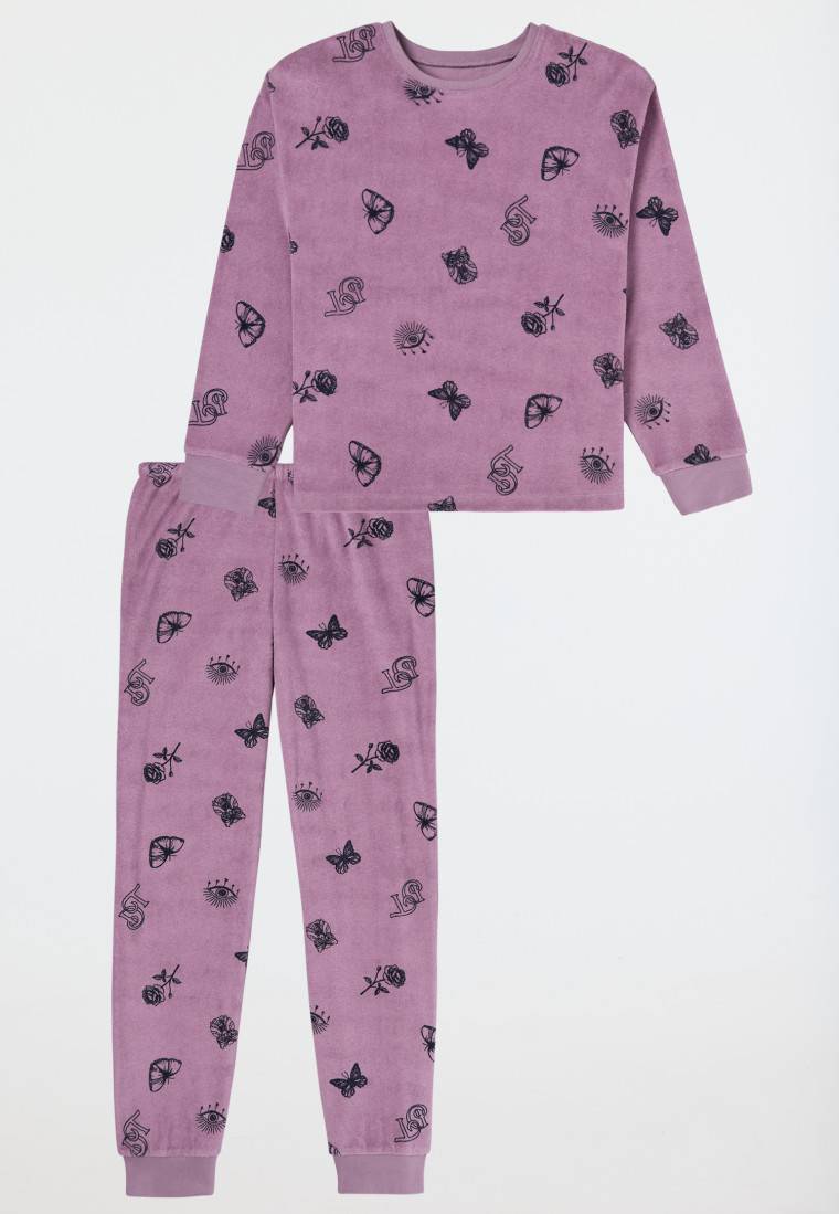 Schiesser Schlafanzug Lang Frottee Bündchen Schmetterlinge Mauve - Nightwear
