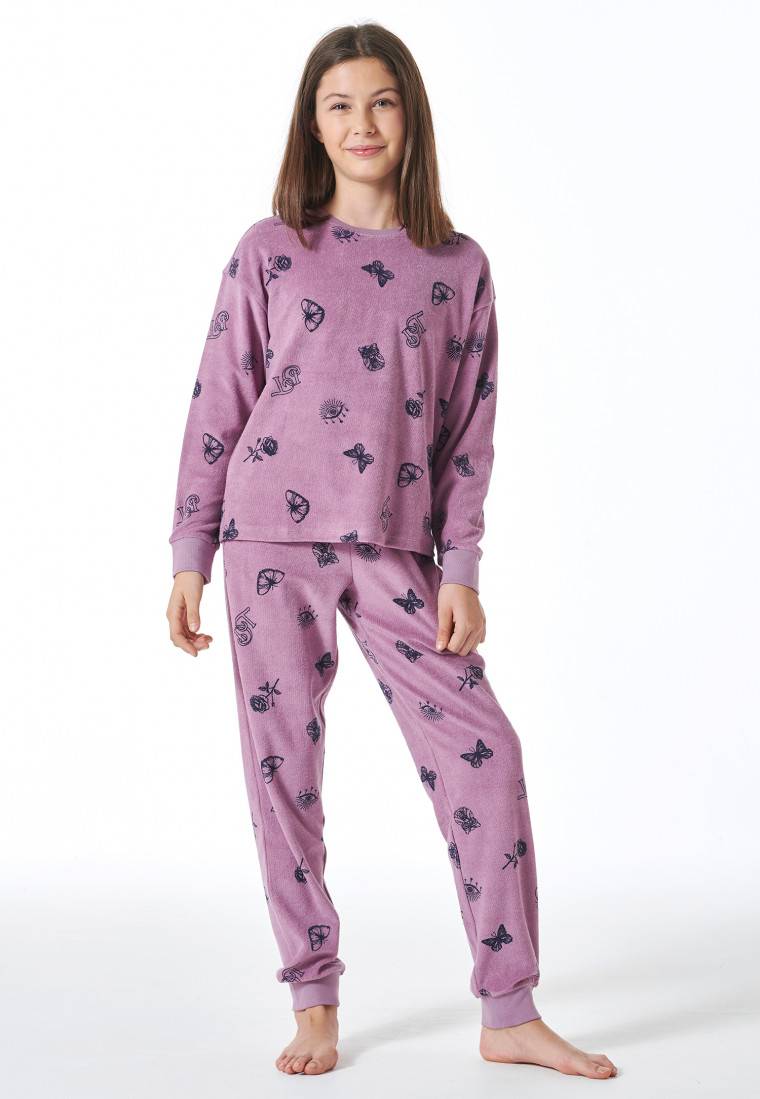Schiesser Schlafanzug Lang Frottee Bündchen Schmetterlinge Mauve - Nightwear
