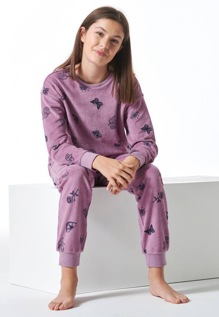 Schiesser Schlafanzug lang Frottee Bündchen Schmetterlinge mauve - Nightwear
