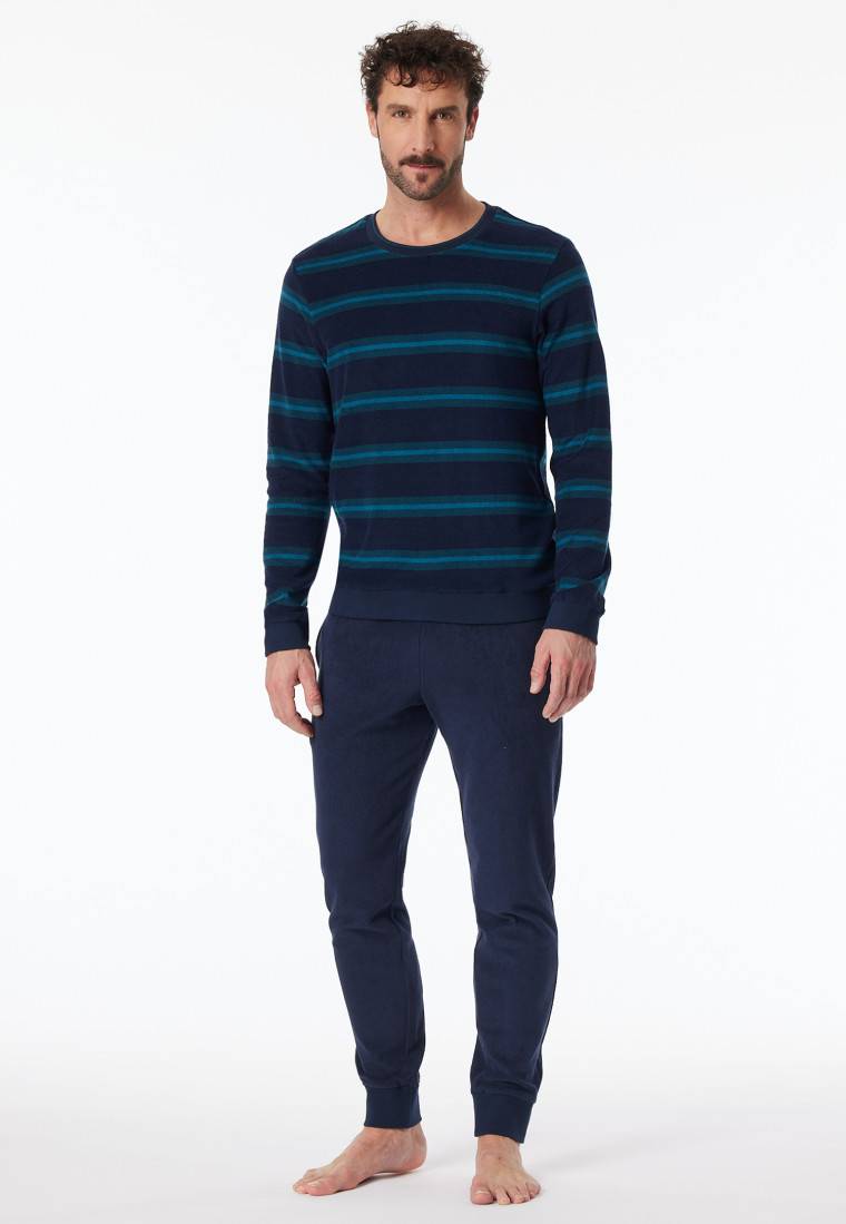 Schiesser Schlafanzug Lang Frottee Bündchen Streifen Petrol - Casual Nightwear