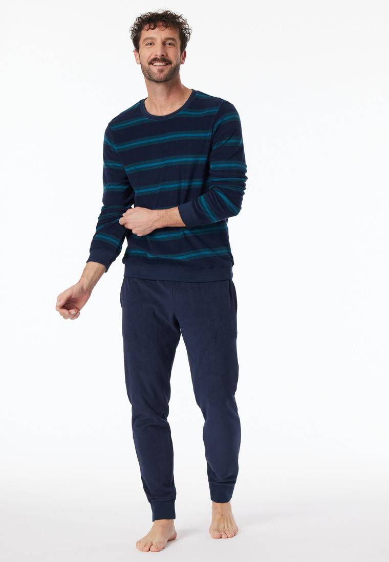 Schiesser Schlafanzug lang Frottee Bündchen Streifen petrol - Casual Nightwear