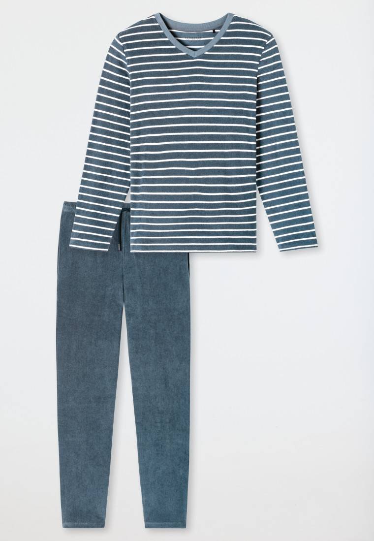 Schiesser Schlafanzug Lang Frottee Streifen Jeansblau - Casual Nightwear