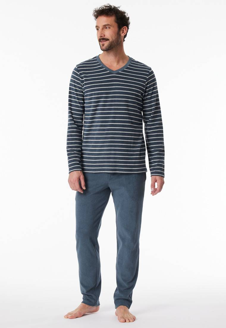 Schiesser Schlafanzug Lang Frottee Streifen Jeansblau - Casual Nightwear