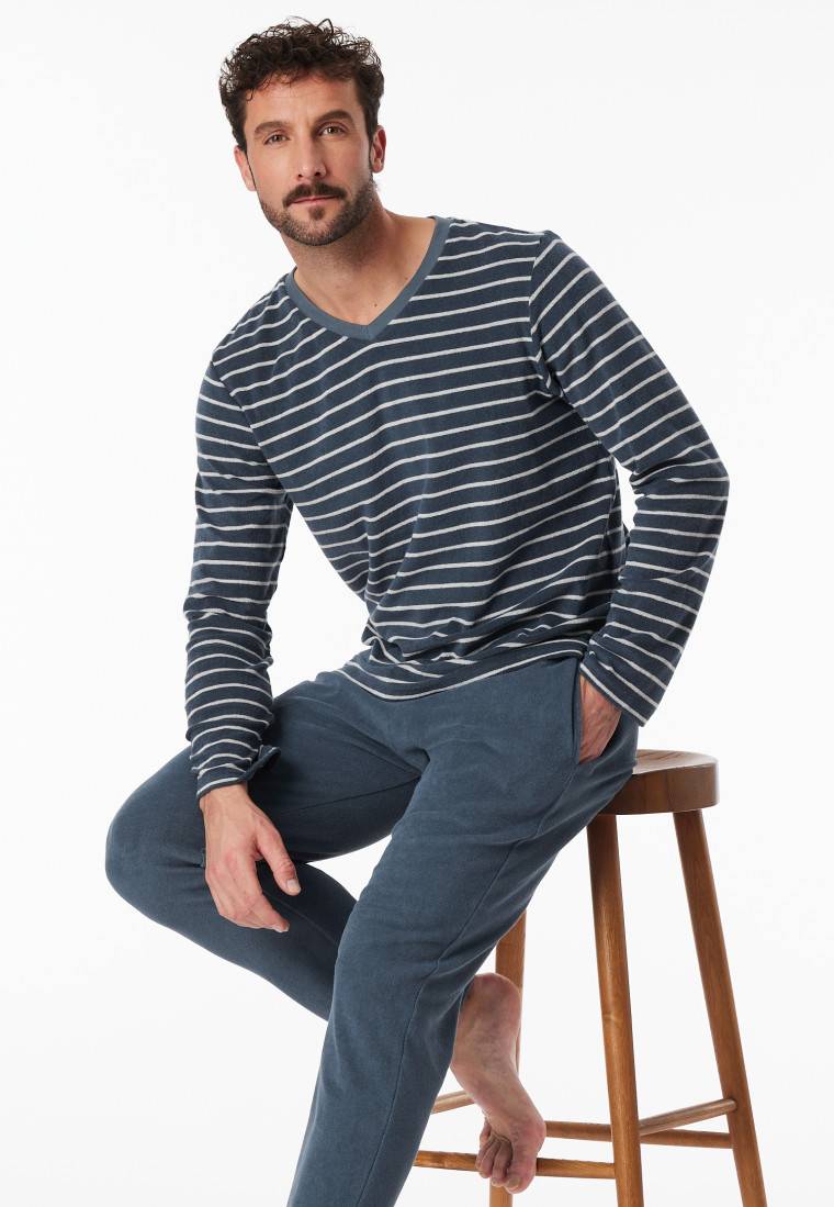 Schiesser Schlafanzug lang Frottee Streifen jeansblau - Casual Nightwear