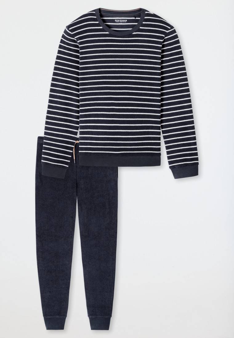 Schiesser Schlafanzug Lang Frotttee Bündchen Streifen Nachtblau - Casual Nightwear