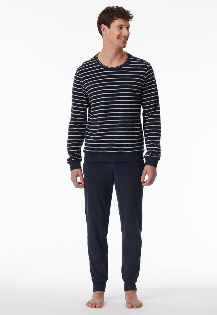 Schiesser Schlafanzug Lang Frotttee Bündchen Streifen Nachtblau - Casual Nightwear
