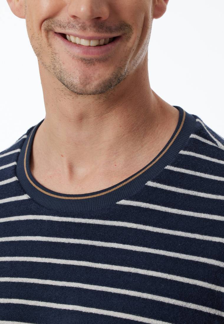 Schiesser Schlafanzug Lang Frotttee Bündchen Streifen Nachtblau - Casual Nightwear