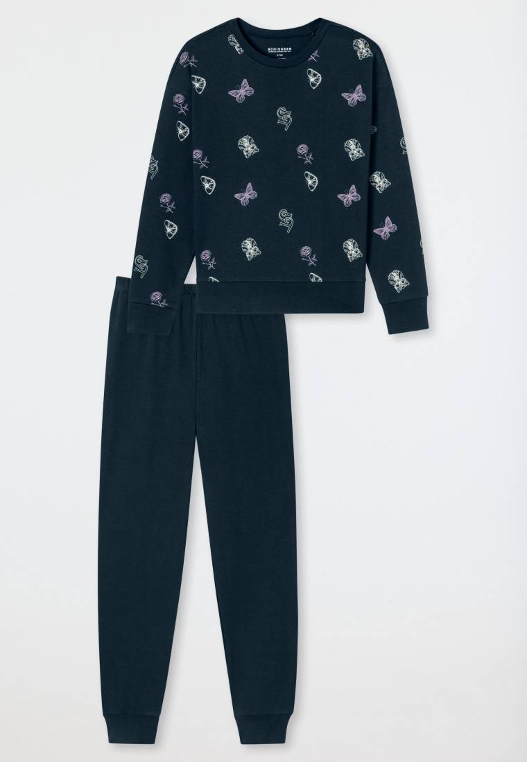 Schiesser Schlafanzug Lang Interlock Bündchen Traummotive Nachtblau - Nightwear