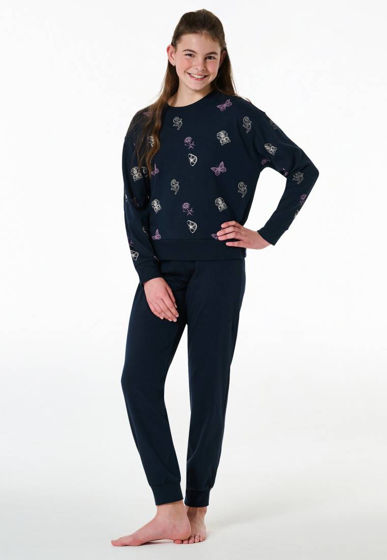 Schiesser Schlafanzug Lang Interlock Bündchen Traummotive Nachtblau - Nightwear