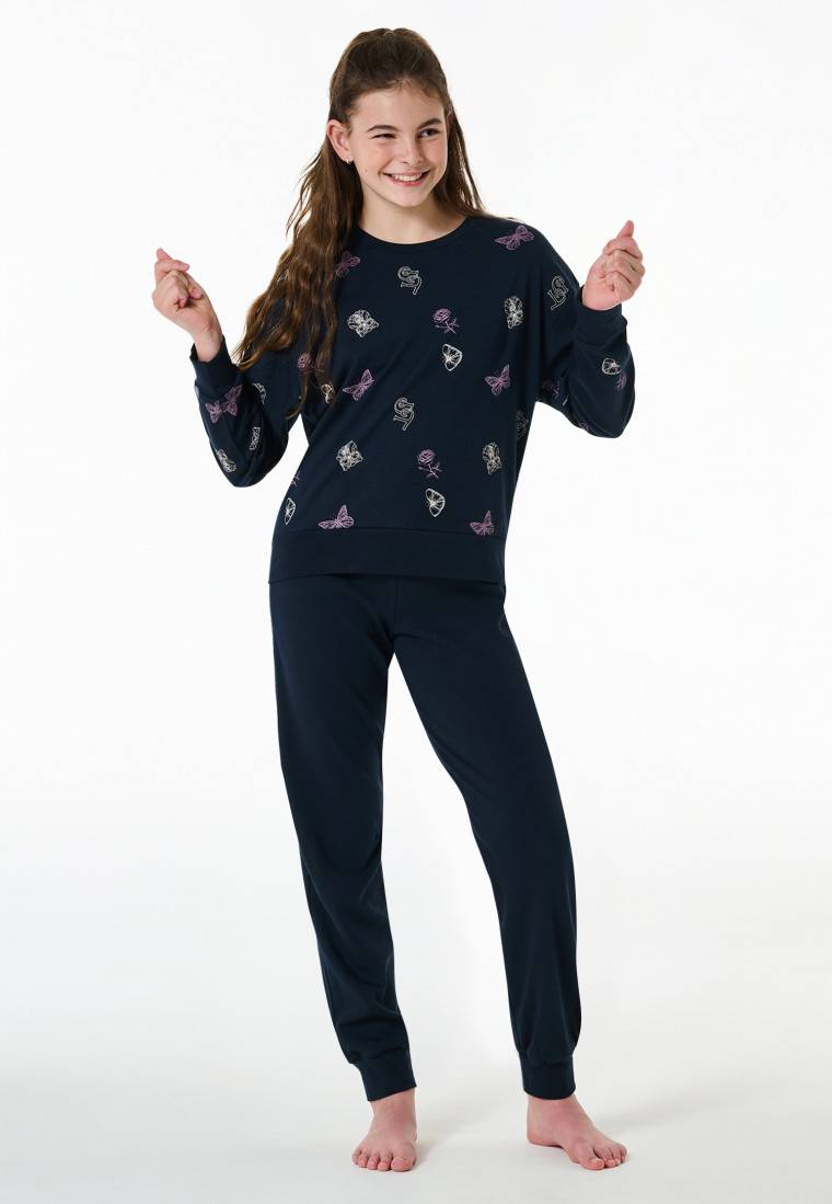 Schiesser Schlafanzug lang Interlock Bündchen Traummotive nachtblau - Nightwear