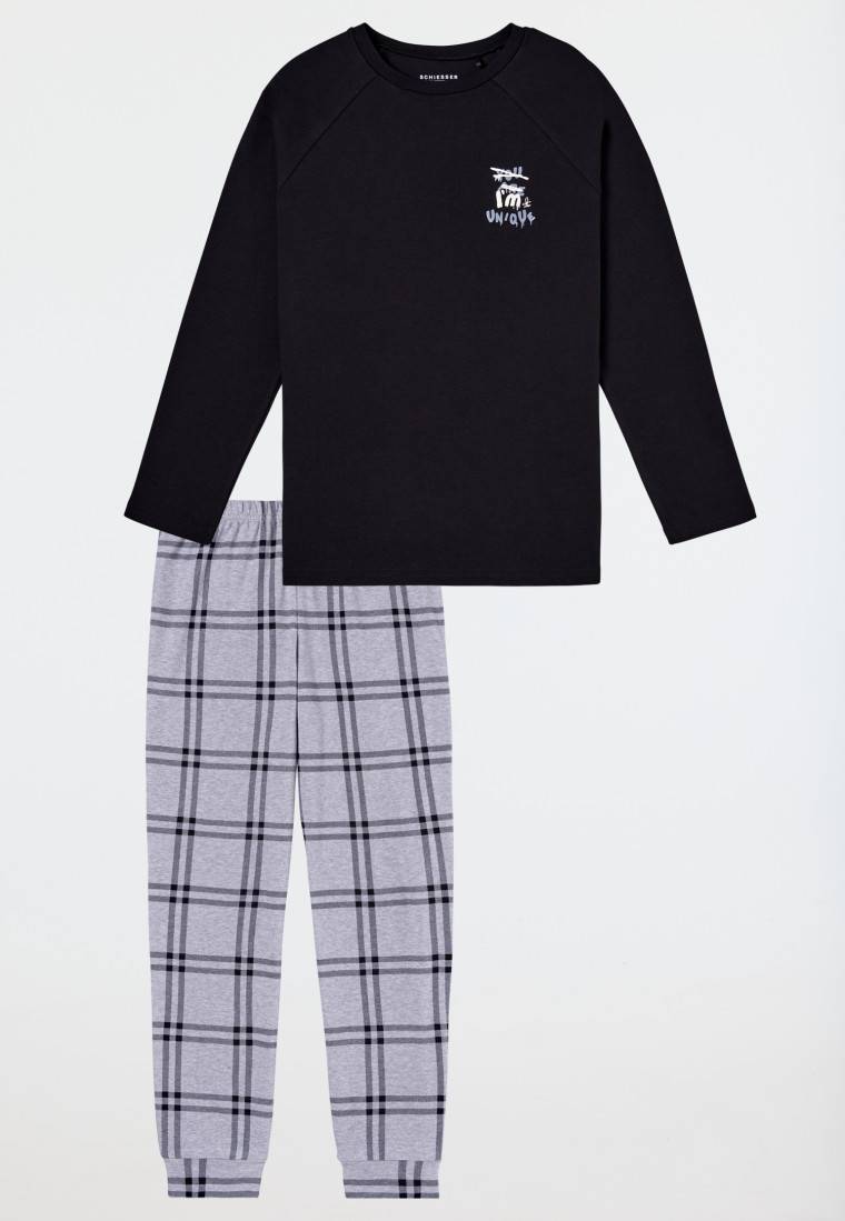 Schiesser Schlafanzug Lang Interlock Karos Schwarz - Nightwear