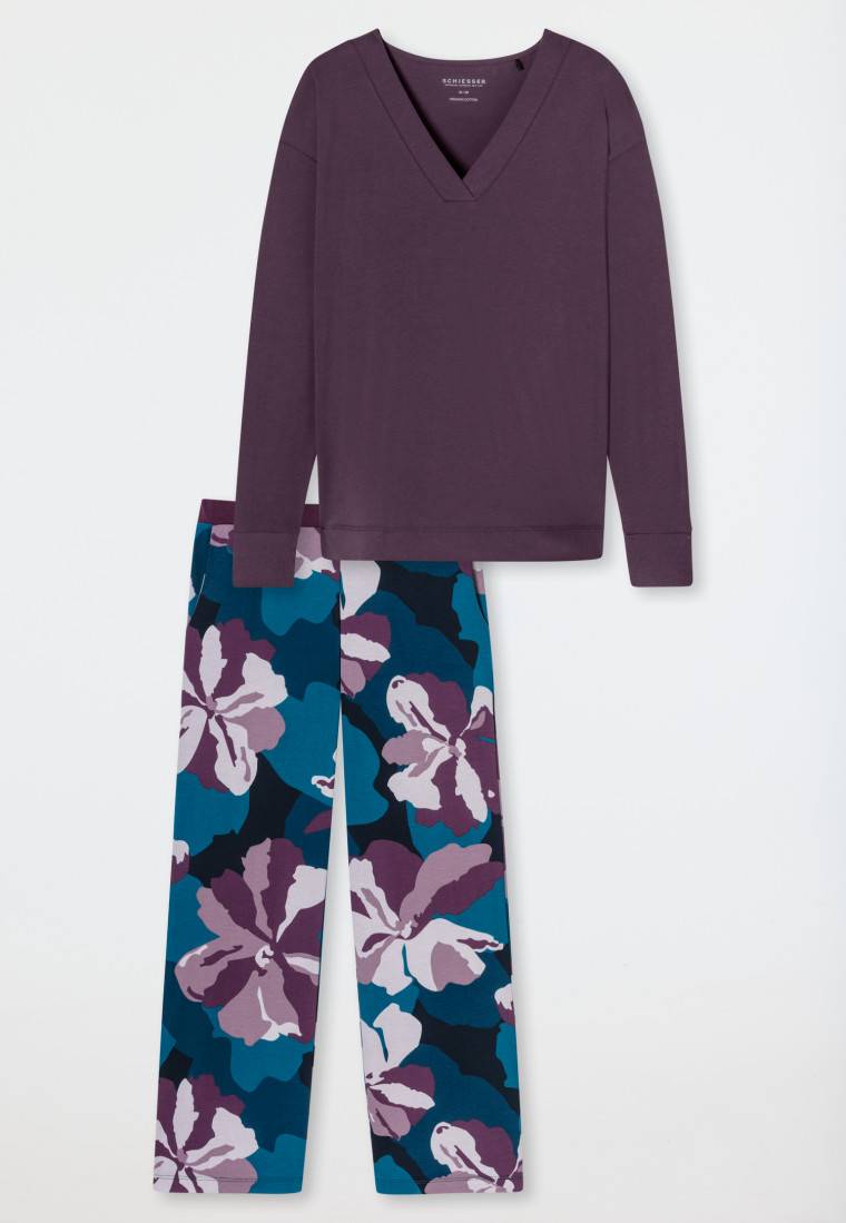 Schiesser Schlafanzug Lang Interlock Pflaume Bedruckt - Modern Nightwear