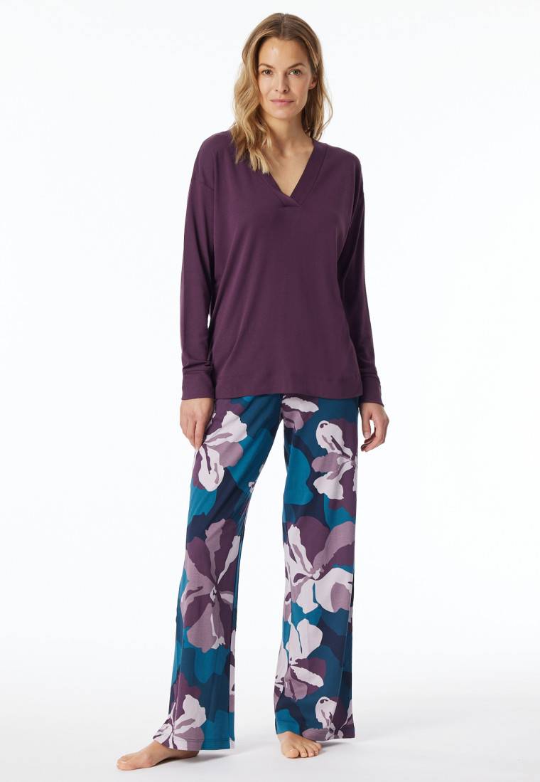 Schiesser Schlafanzug Lang Interlock Pflaume Bedruckt - Modern Nightwear