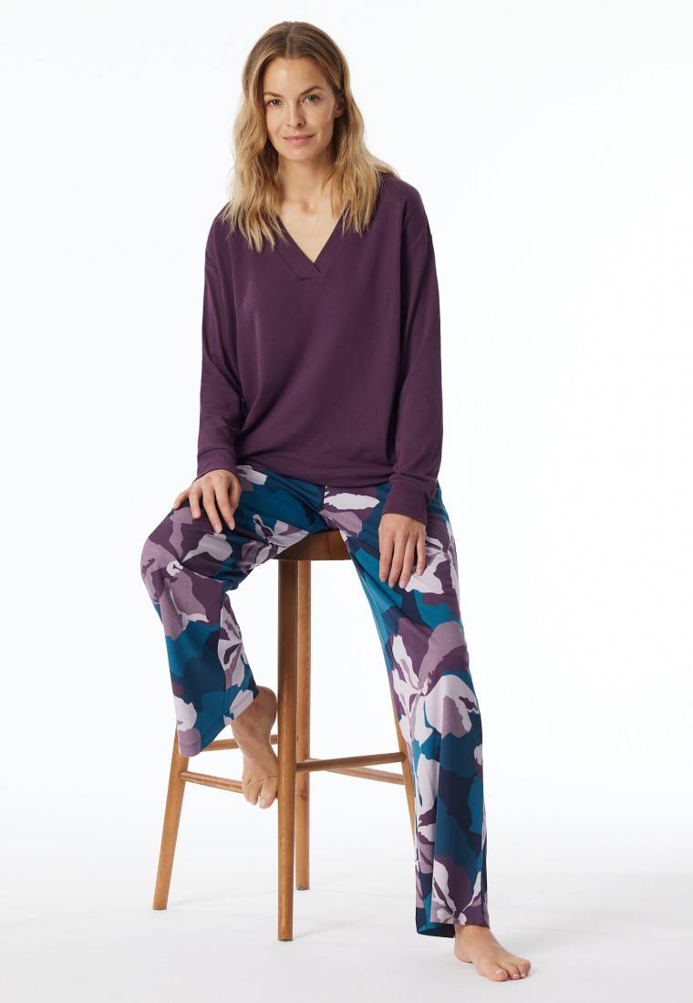 Schiesser Schlafanzug lang Interlock pflaume bedruckt - Modern Nightwear