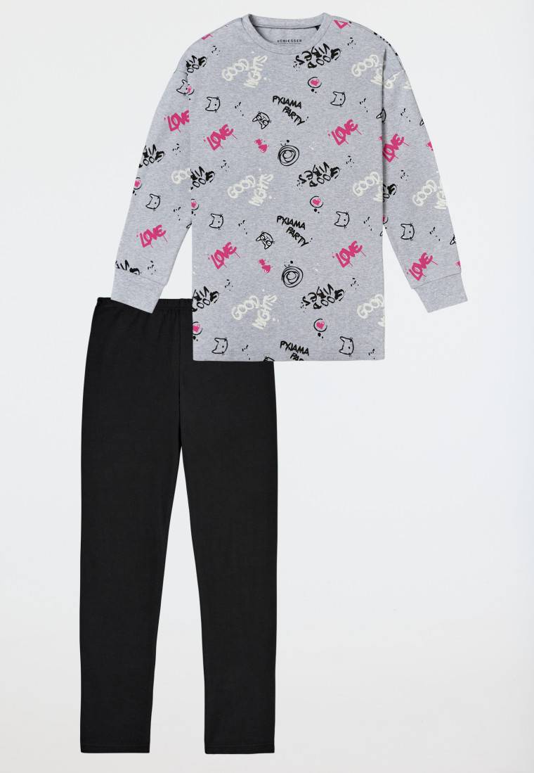 Schiesser Schlafanzug Lang Interlock Shirt Mit Leggings Graffiti Grau-meliert - Nightwear