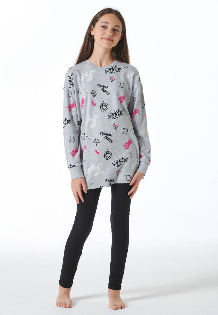 Schiesser Schlafanzug Lang Interlock Shirt Mit Leggings Graffiti Grau-meliert - Nightwear