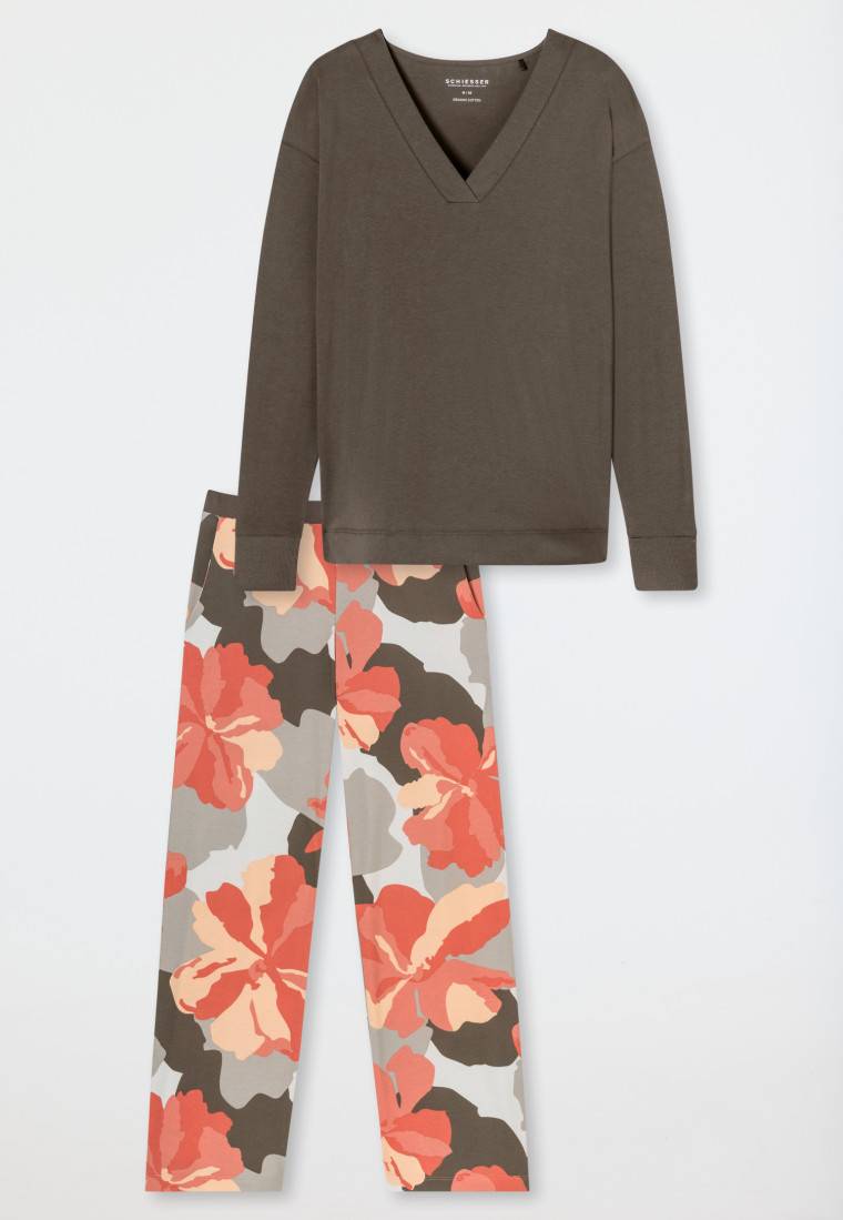 Schiesser Schlafanzug Lang Interlock Taupe Bedruckt - Modern Nightwear