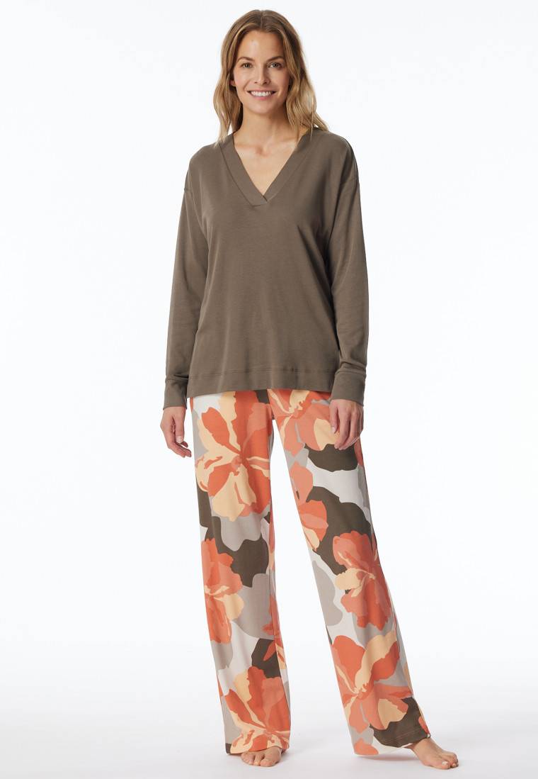 Schiesser Schlafanzug Lang Interlock Taupe Bedruckt - Modern Nightwear