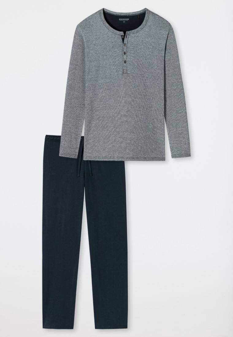 Schiesser Schlafanzug Lang Knopfleiste Blau-weiß Geringelt - Selected! Premium