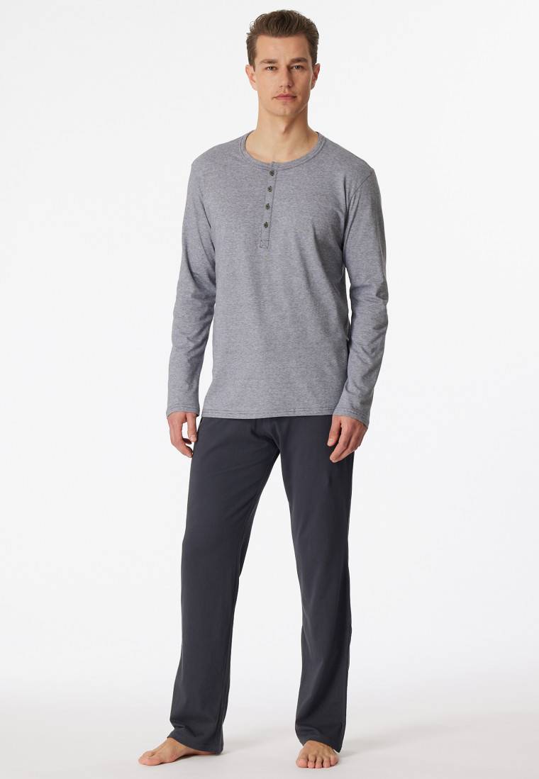 Schiesser Schlafanzug Lang Knopfleiste Grau-weiß Geringelt - Ebony