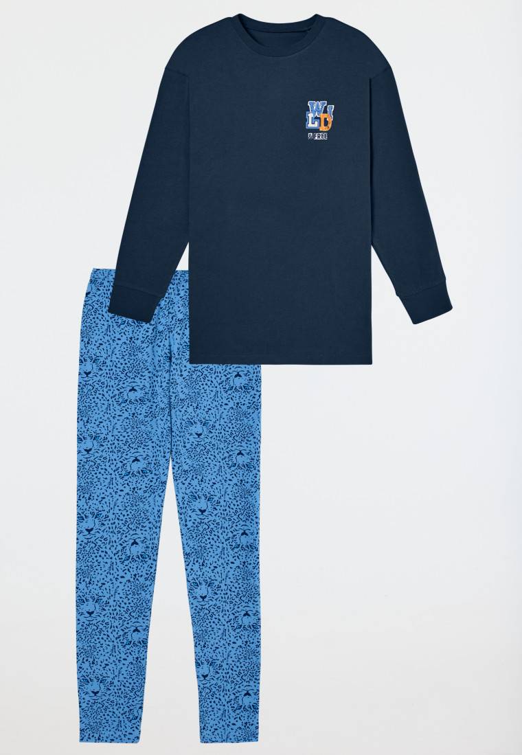 Schiesser Schlafanzug Lang Mit Leopardenmuster Blau - Nightwear