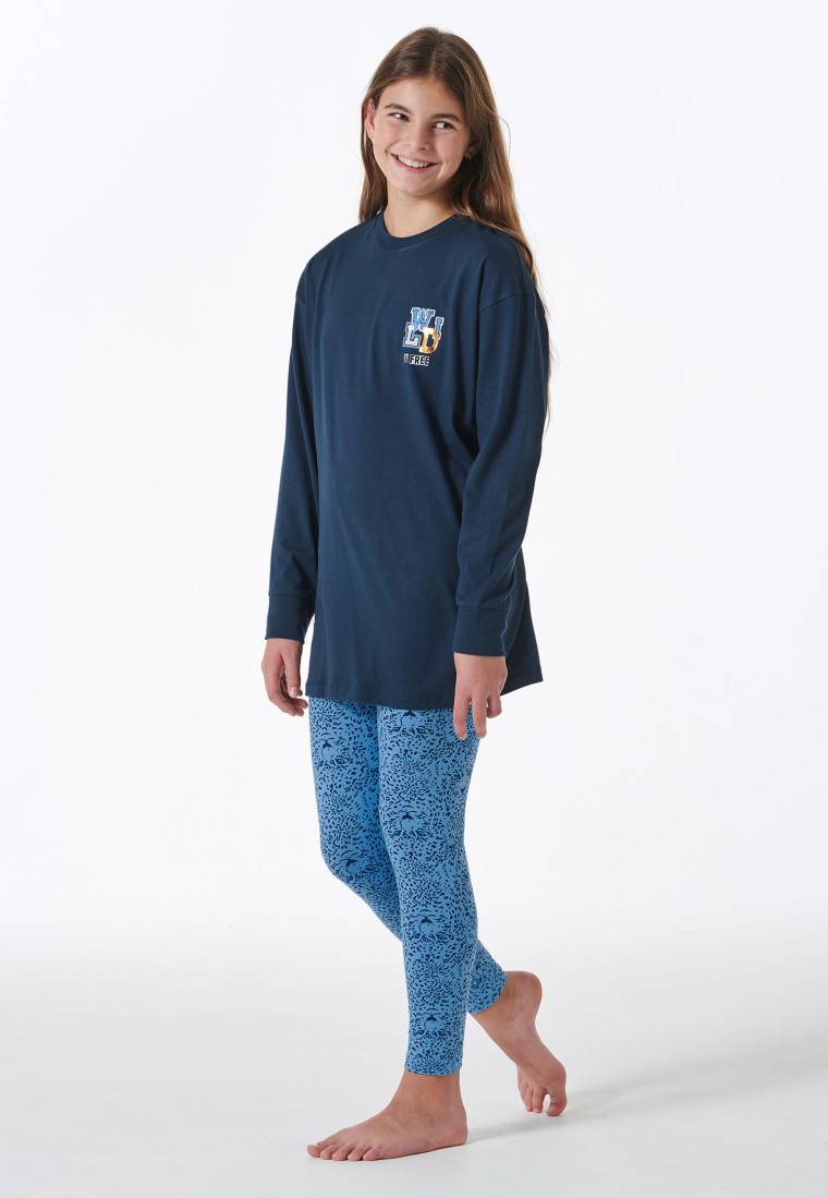 Schiesser Schlafanzug Lang Mit Leopardenmuster Blau - Nightwear