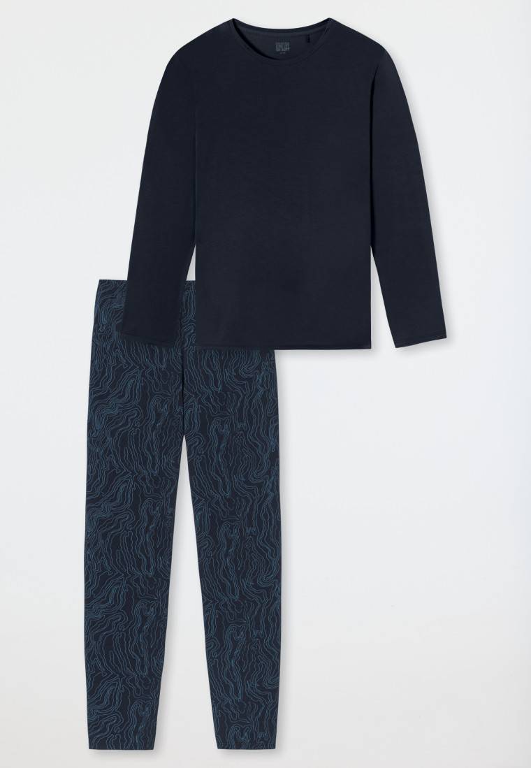 Schiesser Schlafanzug Lang Modal Blätter Nachtblau Gemustert - Long Life Soft