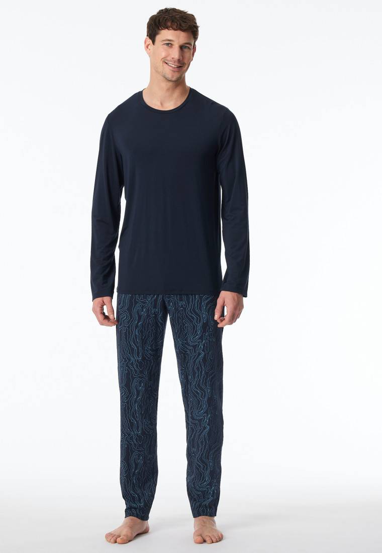 Schiesser Schlafanzug Lang Modal Blätter Nachtblau Gemustert - Long Life Soft