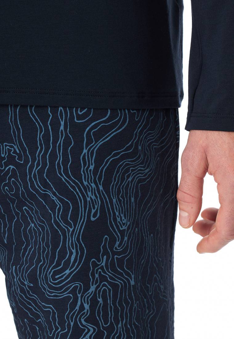 Schiesser Schlafanzug Lang Modal Blätter Nachtblau Gemustert - Long Life Soft